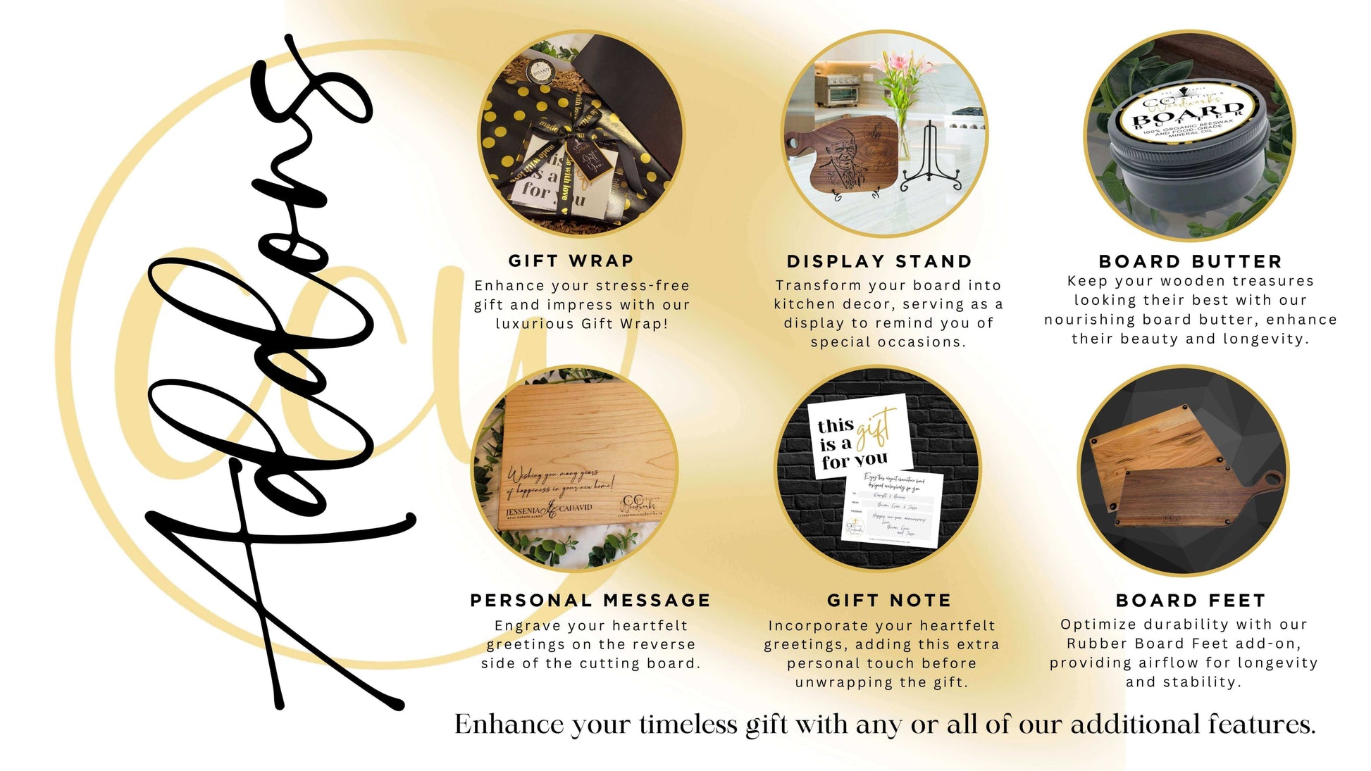 Add-on options for CCW handcrafted wooden gifts including gift wrap, display stand, board butter, personal message, gift note, and board feet