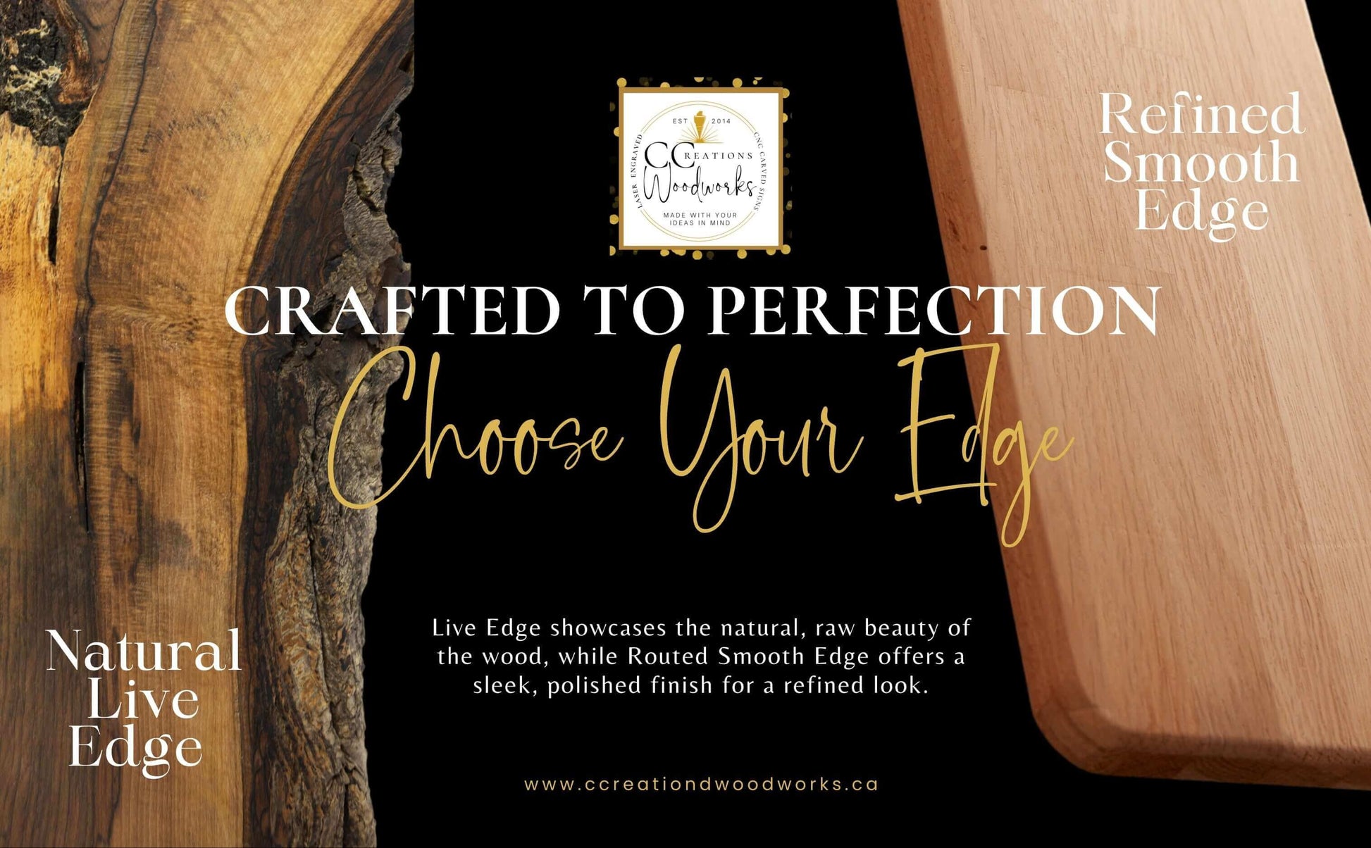 Handcrafted wood cutting boards with natural live edge and refined smooth edge options by CCW for personalized gifts.
