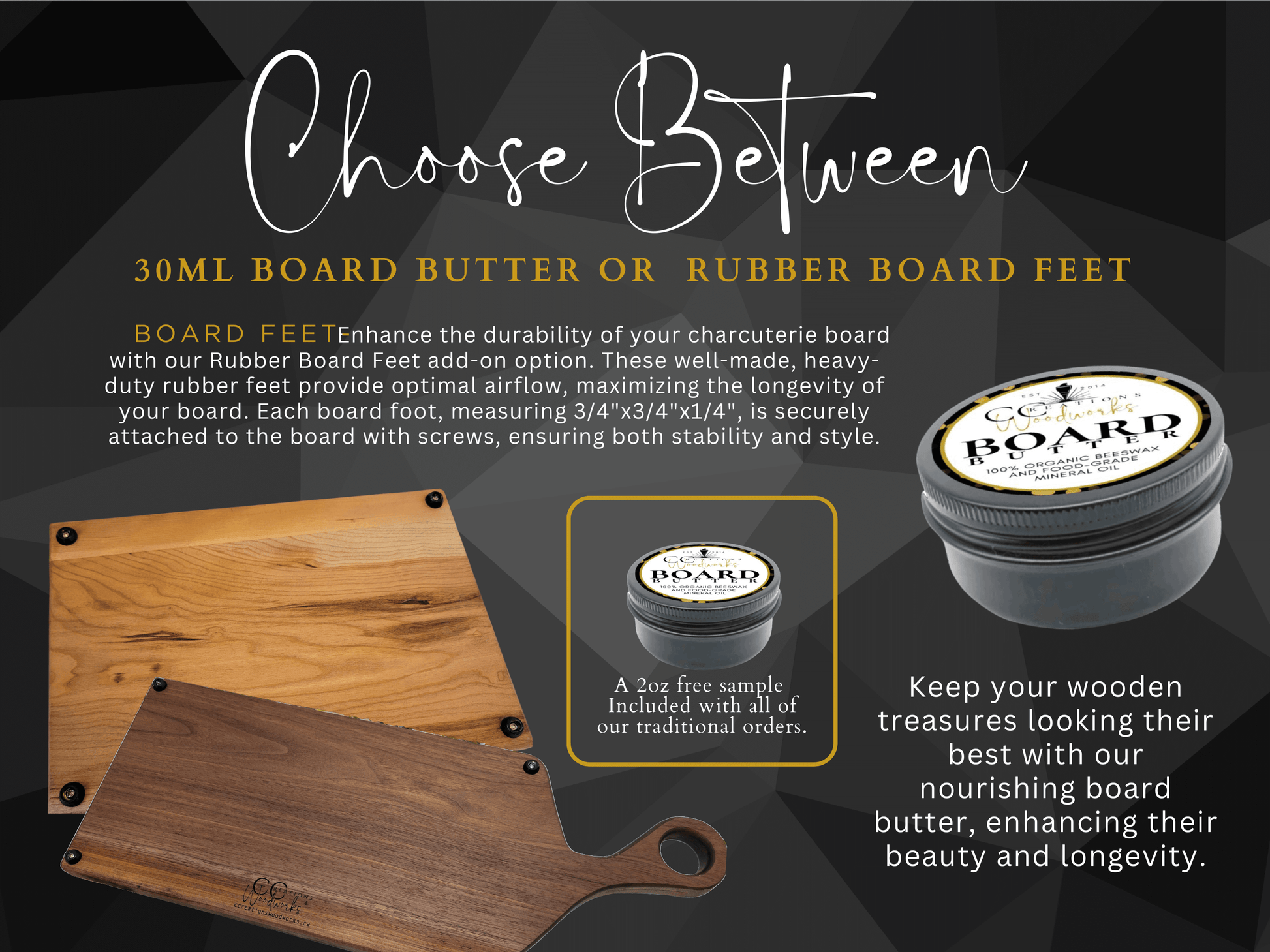 "Choose between board butter or rubber board feet for charcuterie boards with CCW's high-quality wooden cutting boards and board care products"