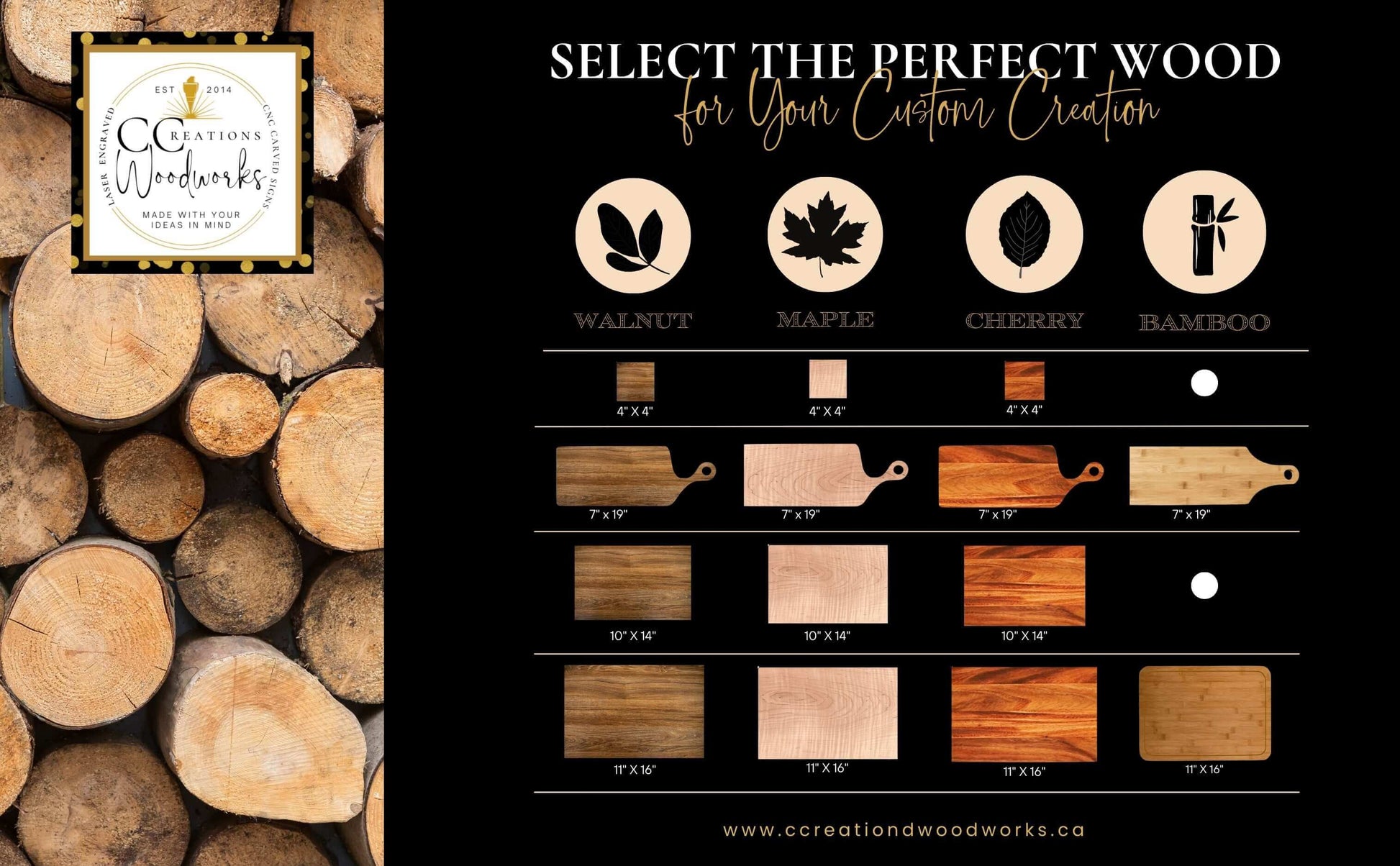 Select wood options for custom cutting board from CCW, including walnut, maple, cherry, and bamboo.